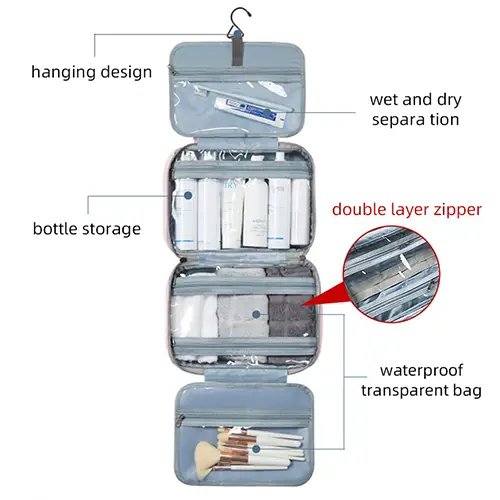 Hand Hanging Hook Type Wet And Dry Makeup Bag Travel Case With Compartments